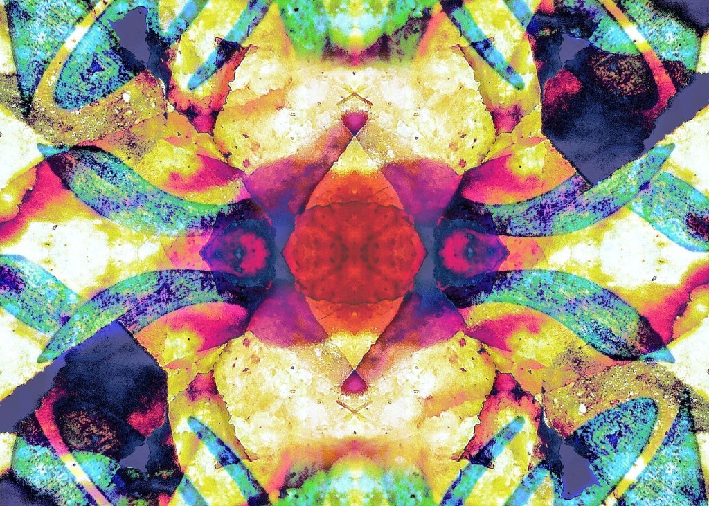 Kaleidoscopic geometric patterns in purple, pink, tortilla yellow, and green, with hints of the taco bell logo (the bell),