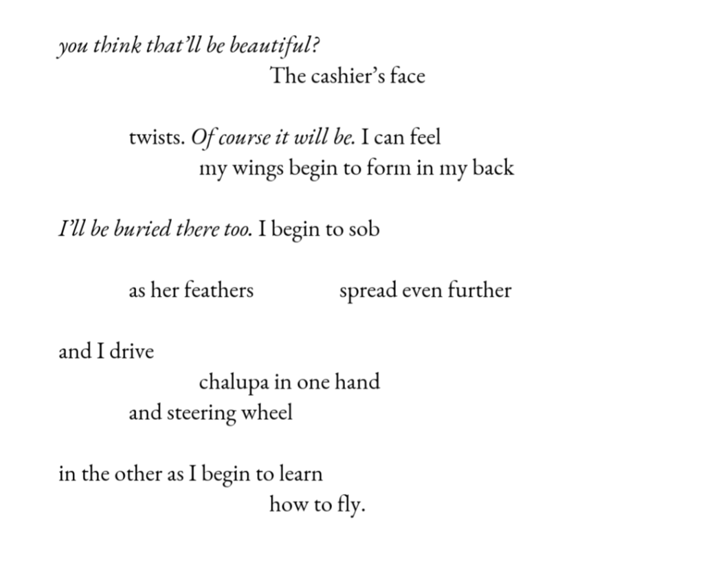 you think that’ll be beautiful? / The cashier’s face // twists. Of course it will be. I can feel / my wings begin to form in my back // I’ll be buried there too. I begin to sob // as her feathers               spread even further // and I drive / chalupa in one hand / and steering wheel // in the other as I begin to learn / how to fly.