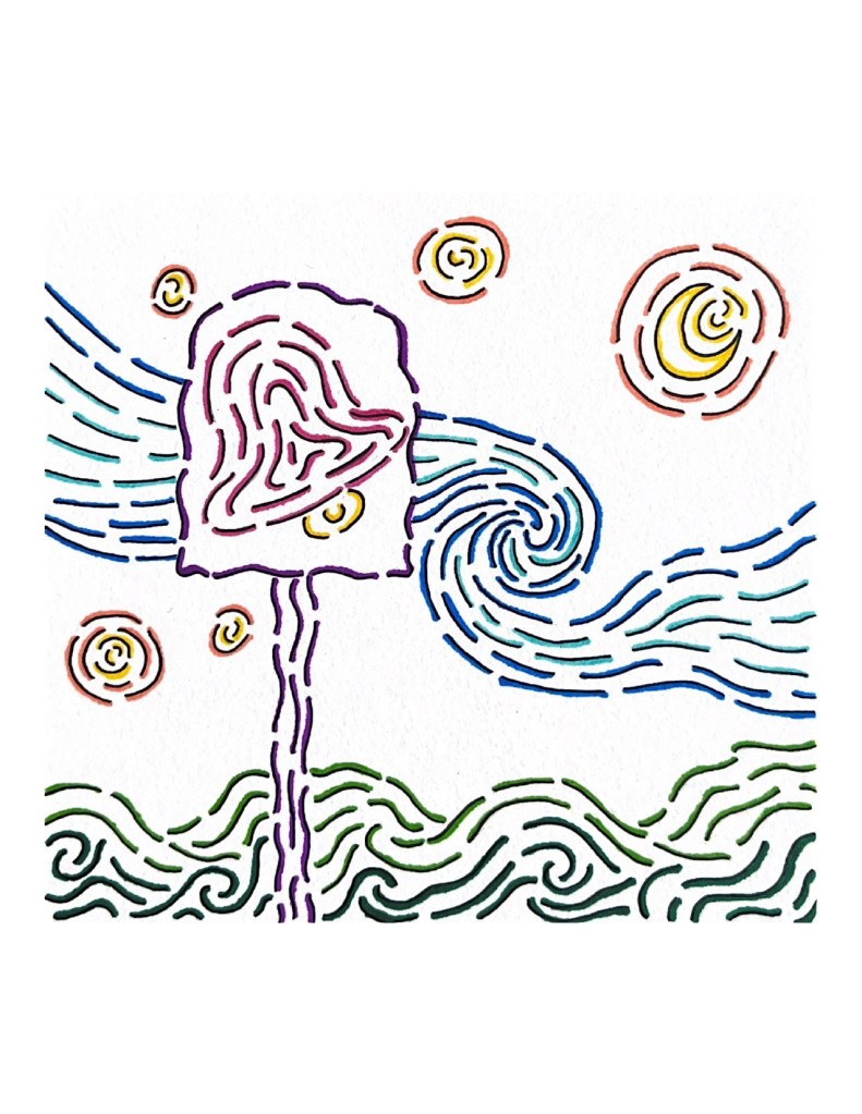 A Taco Bell sign (no writing) in the style of Van Gogh's starry night