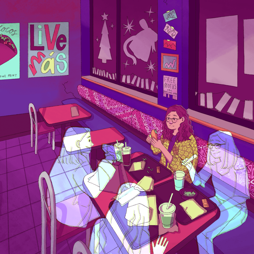 inside of a Taco Bell, a prominent sign in the background reads "live más," another sign with numbers torn off at the bottom reads "free moths." A person sits at a table eating Taco Bell with three happy ghosts also eating ghost food.