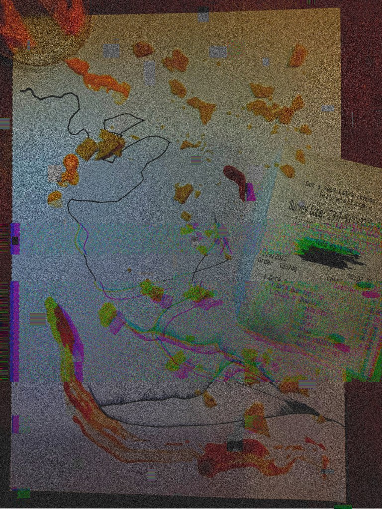 This page is also glitchy and is a photograph of a piece of paper covered in abstract images or crumbs from leftover food over top a poorly drawn marker line. There's a taco bell receipt too but it's difficult to read through the glitchyness. Ketchup or blood is smeared across the bottom of the page.